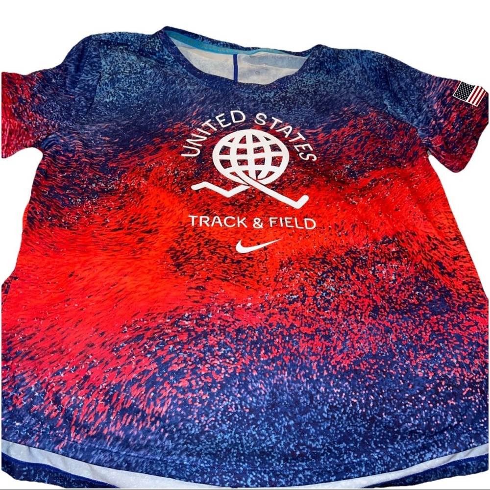 Nike Dri-Fit Short Sleeve Shirt Women Blue/Red Size M FJ3432-635 Track & Field